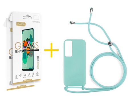 Pack 2 X Protector de Vidrio Templado 2.5D + Funda ACCETEL para Huawei P Smart 2021 Gel con Cordón Agua Verde