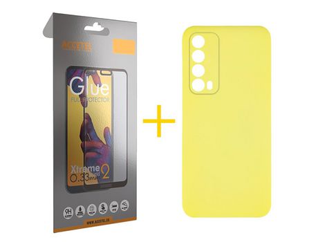 Pack 1 X Protector de Vidrio Templado Full + Funda ACCETEL para Huawei P Smart 2021 Silicona Líquida Amarillo