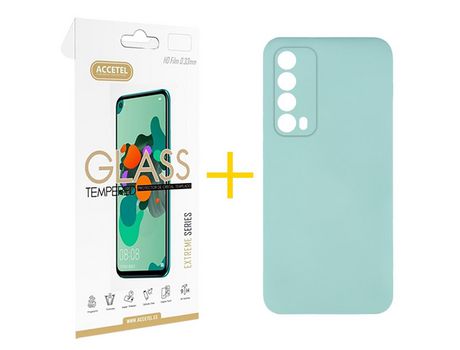 Pack 1 X Protector de Vidrio Templado 2.5D + Funda ACCETEL para Huawei P Smart 2021 Silicona Líquida Verde-Agua