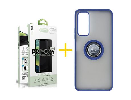 Pack 1 X Protector de Vidrio Templado Anti espía + Funda ACCETEL para Huawei P Smart 2021 Gel Bumper con Anillo Azul