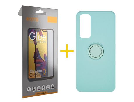 Pack 1 X Protector de Vidrio Templado Full + Funda ACCETEL para Huawei P Smart 2021 Gel O-Ring Verde-Agua