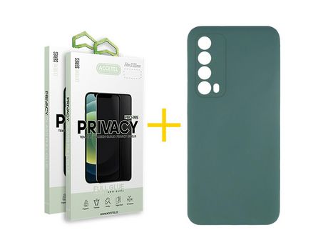 Pack 2 X Protector de Vidrio Templado Anti espía + Funda ACCETEL para Huawei P Smart 2021 Silicona Líquida Verde