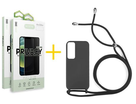 Pack 2 X Protector de Vidrio Templado Anti espía + Funda ACCETEL para Huawei P Smart 2021 Gel con Cordón Negro