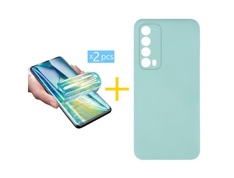 Pack 2 X Protector de Vidrio Templado Hidrogel + Funda ACCETEL para Huawei P Smart 2021 Silicona Líquida Verde-Agua