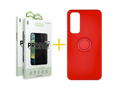 Pack 2 X Protector de Vidrio Templado Anti espía + Funda ACCETEL para Huawei P Smart 2021 Gel O-Ring Rojo