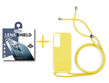 Pack 1 X Protector de Cámara trasera + Funda ACCETEL para Huawei P Smart 2021 Gel con Cordón Amarillo