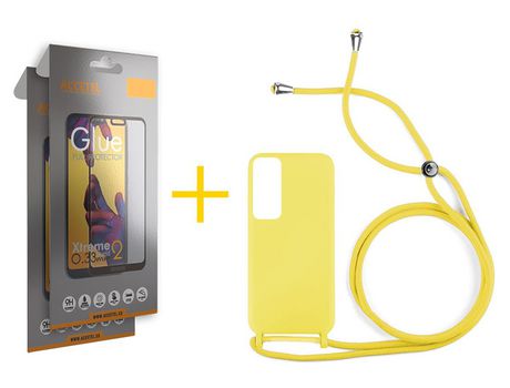 Pack 2 X Protector de Vidrio Templado Full + Funda ACCETEL para Huawei P Smart 2021 Gel con Cordón Amarillo