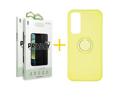 Pack 2 X Protector de Vidrio Templado Anti espía + Funda ACCETEL para Huawei P Smart 2021 Gel O-Ring Amarillo