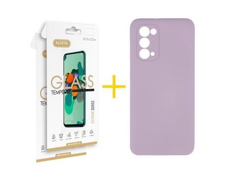 Pack 2 X Protector de Vidrio Templado 2.5D + Funda ACCETEL para Oppo A74 5G Silicona Líquida Morado