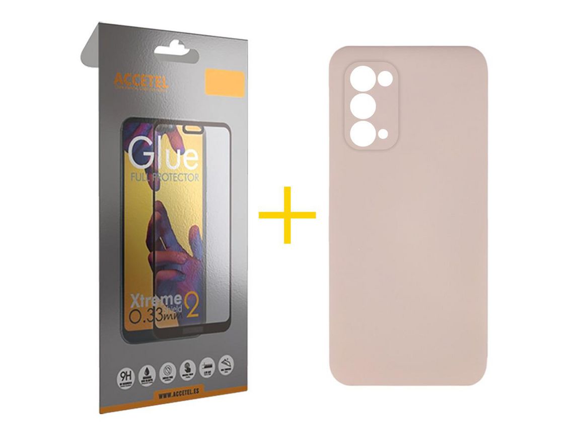Pack 1 X Protector de Vidrio Templado Full + Funda ACCETEL para Oppo A54 5G Silicona Líquida Rosa