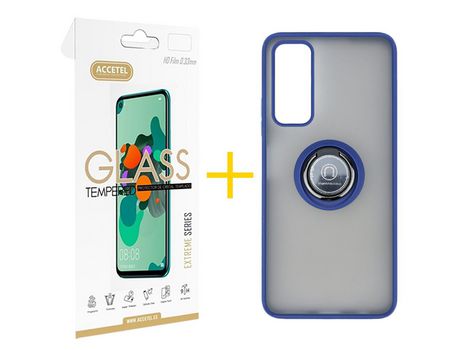 Pack 1 X Protector de Vidrio Templado 2.5D + Funda ACCETEL para Huawei P Smart 2021 Gel Bumper con Anillo Azul