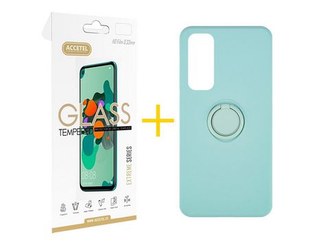 Pack 1 X Protector de Vidrio Templado 2.5D + Funda ACCETEL para Huawei P Smart 2021 Gel O-Ring Verde-Agua