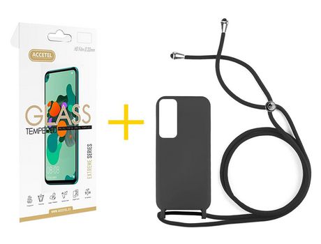 Pack 1 X Protector de Vidrio Templado 2.5D + Funda ACCETEL para Huawei P Smart 2021 Gel con Cordón Negro