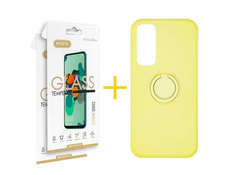 Pack 2 X Protector de Vidrio Templado 2.5D + Funda ACCETEL para Huawei P Smart 2021 Gel O-Ring Amarillo