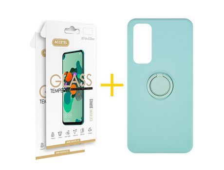 Pack 2 X Protector de Vidrio Templado 2.5D + Funda ACCETEL para Huawei P Smart 2021 Gel O-Ring Verde-Agua