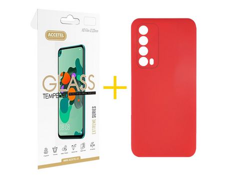 Pack 1 X Protector de Vidrio Templado 2.5D + Funda ACCETEL para Huawei P Smart 2021 Silicona Líquida Rojo