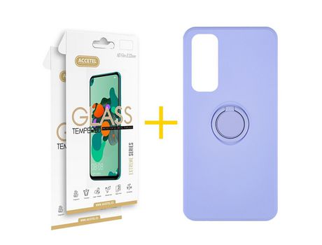 Pack 2 X Protector de Vidrio Templado 2.5D + Funda ACCETEL para Huawei P Smart 2021 Gel O-Ring Morado