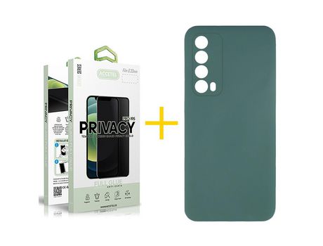 Pack 1 X Protector de Vidrio Templado Anti espía + Funda ACCETEL para Huawei P Smart 2021 Silicona Líquida Verde