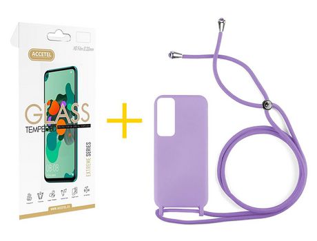 Pack 1 X Protector de Vidrio Templado 2.5D + Funda ACCETEL para Huawei P Smart 2021 Gel con Cordón Violeta