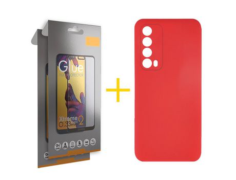 Pack 2 Películas Full + Funda SKYHE por Huawei P Smart 2021 Silicona Líquida Rojo