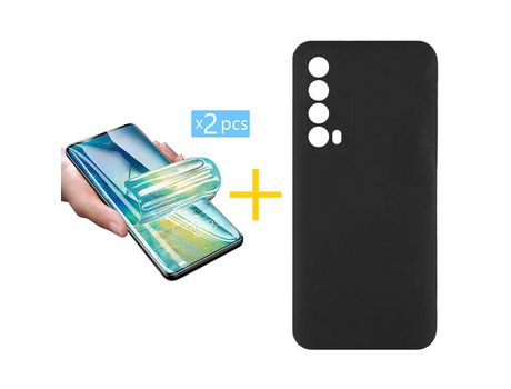 Pack 2 X Protector de Vidrio Templado Hidrogel + Funda ACCETEL para Huawei P Smart 2021 Silicona Líquida Negro