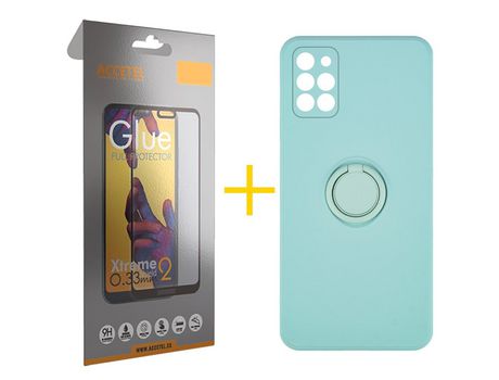 Pack 1 X Protector de Vidrio Templado Full + Funda ACCETEL para Samsung Galaxy A31 Gel O-Ring Verde-Agua