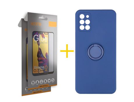 Pack 2 X Protector de Vidrio Templado Full + Funda ACCETEL para Samsung Galaxy A31 Gel O-Ring Azul