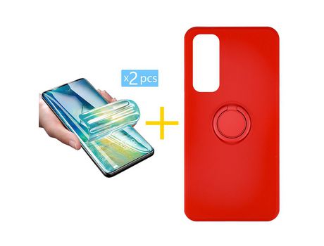 Pack 2 X Protector de Vidrio Templado Hidrogel + Funda ACCETEL para Huawei P Smart 2021 Gel O-Ring Rojo