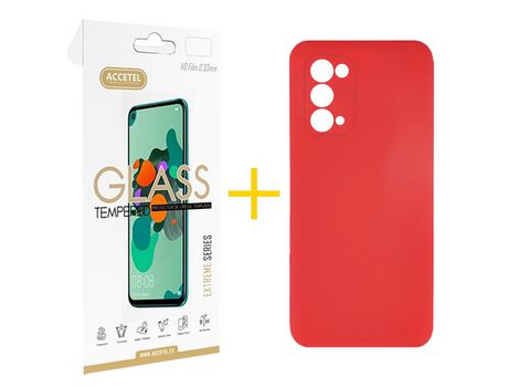 Pack 1 X Protector de Vidrio Templado 2.5D + Funda ACCETEL para Oppo A74 5G Silicona Líquida Rojo