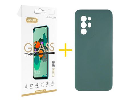 Pack 1 X Protector de Vidrio Templado 2.5D + Funda ACCETEL para Oppo A94 5G Silicona Líquida Verde
