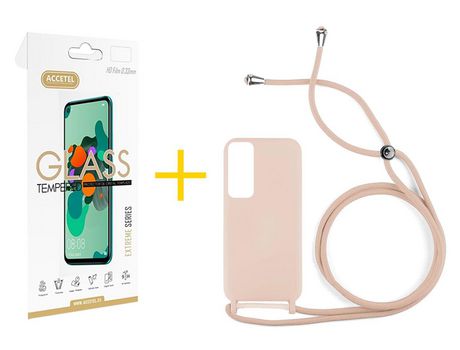 Pack 1 X Protector de Vidrio Templado 2.5D + Funda ACCETEL para Huawei P Smart 2021 Gel con Cordón Rosa Pastel