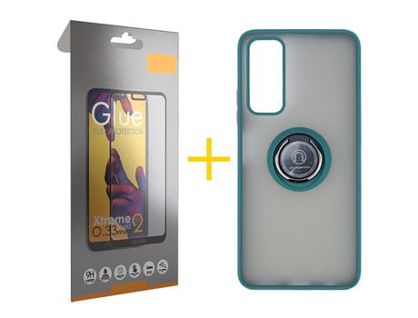 Pack 1 Película Full + Funda SKYHE por Huawei P Smart 2021 Gel Bumper con Anillo Verde