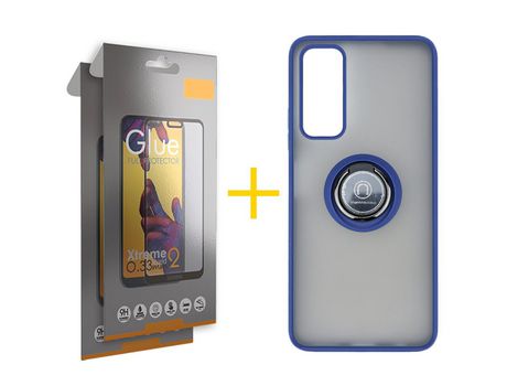 Pack 2 Películas Full + Funda SKYHE por Huawei P Smart 2021 Gel Bumper con Anillo Azul