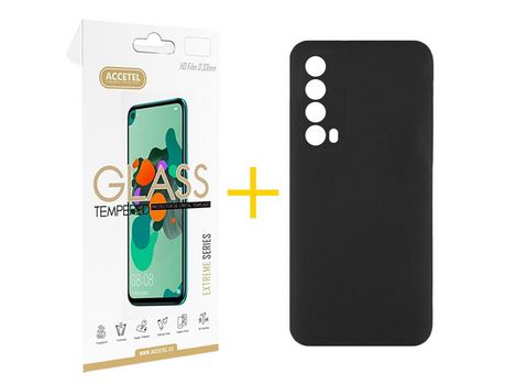 Pack 1 X Protector de Vidrio Templado 2.5D + Funda ACCETEL para Huawei P Smart 2021 Silicona Líquida Negro
