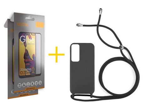 Pack 2 X Protector de Vidrio Templado Full + Funda ACCETEL para Huawei P Smart 2021 Gel con Cordón Negro