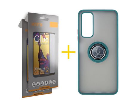 Pack 2 X Protector de Vidrio Templado Full + Funda ACCETEL para Huawei P Smart 2021 Gel Bumper con Anillo Verde