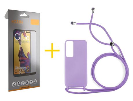 Pack 1 X Protector de Vidrio Templado Full + Funda ACCETEL para Huawei P Smart 2021 Gel con Cordón Violeta