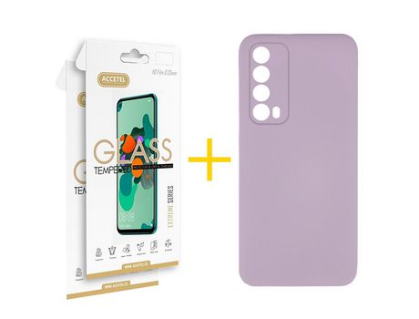 Pack 2 X Protector de Vidrio Templado 2.5D + Funda ACCETEL para Huawei P Smart 2021 Silicona Líquida Morado
