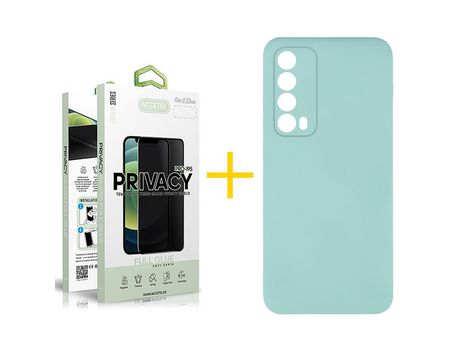Pack 1 X Protector de Vidrio Templado Anti espía + Funda ACCETEL para Huawei P Smart 2021 Silicona Líquida Verde-Agua