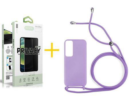 Pack 1 X Protector de Vidrio Templado Anti espía + Funda ACCETEL para Huawei P Smart 2021 Gel con Cordón Violeta