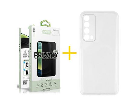 Pack 1 X Protector de Vidrio Templado Anti espía + Funda ACCETEL para Huawei P Smart 2021 Silicona Líquida Transparente Clear