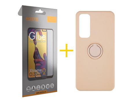 Pack 1 X Protector de Vidrio Templado Full + Funda ACCETEL para Huawei P Smart 2021 Gel O-Ring Rosa Pastel