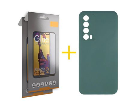 Pack 2 Películas Full + Funda SKYHE por Huawei P Smart 2021 Silicona Líquida Verde