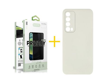Pack 1 X Protector de Vidrio Templado Anti espía + Funda ACCETEL para Huawei P Smart 2021 Silicona Líquida Arena