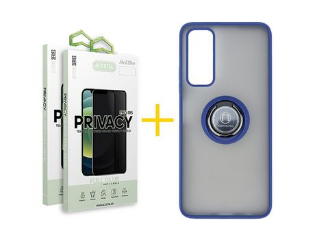 Pack 2 X Protector de Vidrio Templado Anti espía + Funda ACCETEL para Huawei P Smart 2021 Gel Bumper con Anillo Azul