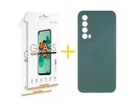 Pack 2 Películas 2.5D + Funda SKYHE por Huawei P Smart 2021 Silicona Líquida Verde