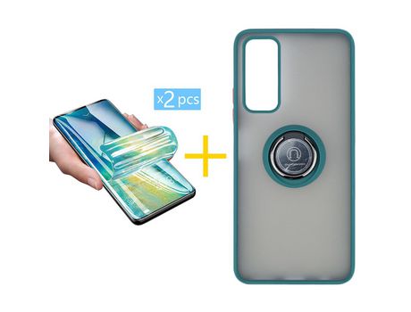 Pack 2 X Protector de Vidrio Templado Hidrogel + Funda ACCETEL para Huawei P Smart 2021 Gel Bumper con Anillo Verde
