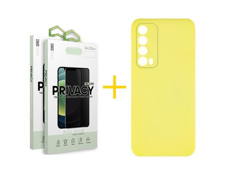 Pack 2 Películas Antiespia + Funda SKYHE por Huawei P Smart 2021 Silicona Líquida Amarillo