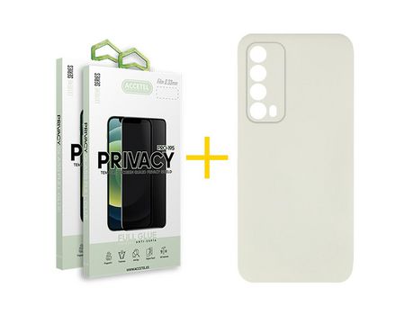 Pack 2 X Protector de Vidrio Templado Anti espía + Funda ACCETEL para Huawei P Smart 2021 Silicona Líquida Arena