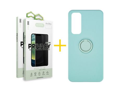 Pack 2 X Protector de Vidrio Templado Anti espía + Funda ACCETEL para Huawei P Smart 2021 Gel O-Ring Verde-Agua